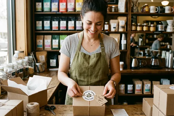 丁寧に梱包する笑顔のカフェオーナー