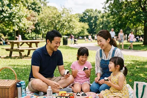 家族で公園を散歩している明るい写真
