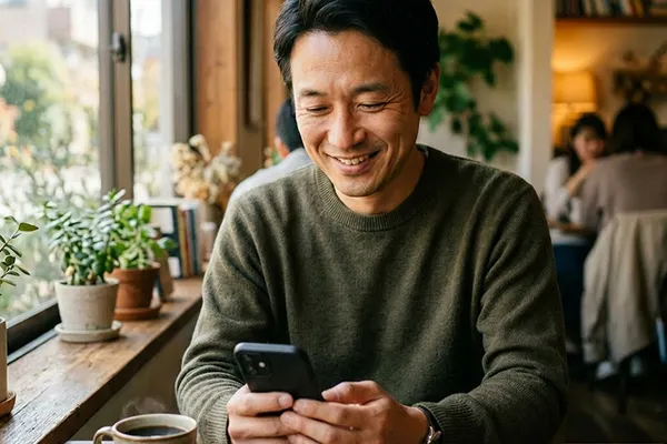 家族が笑顔でリビングで過ごしている写真