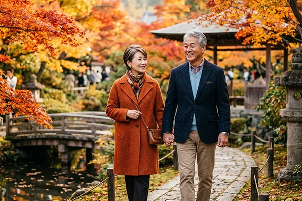 50代〜60代の夫婦が旅行先で笑顔の写真