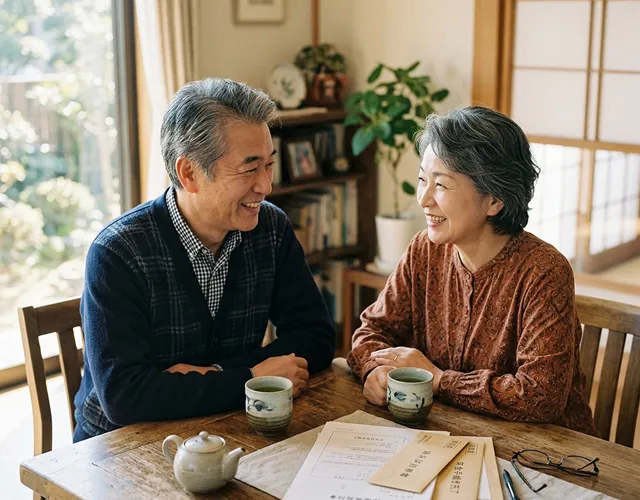 書類を前にお茶を飲みながら笑顔で語り合う日本人シニア夫婦