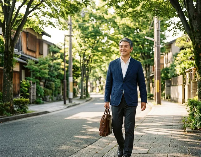 緑の並木道を晴れやかな表情で歩く40代日本人男性