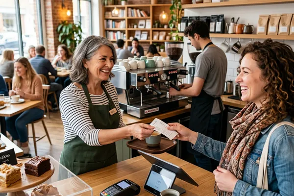 スムーズに会計を済ませる笑顔の店員とお客様