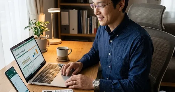 自宅で家計の見直しを考えるビジネスマン