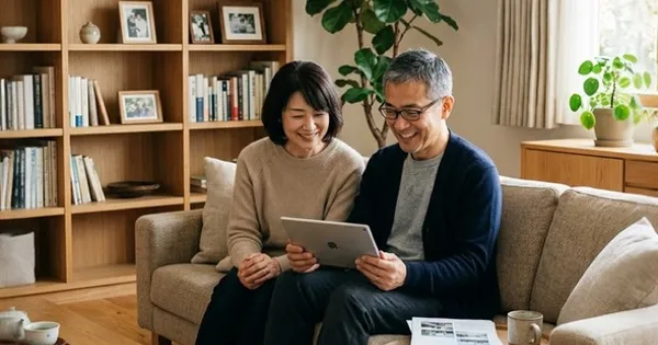 穏やかな表情でリビングに座る50代夫婦