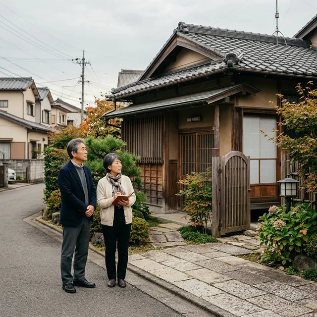 実家の前に立ち、書類を手に相談する日本人シニア夫婦