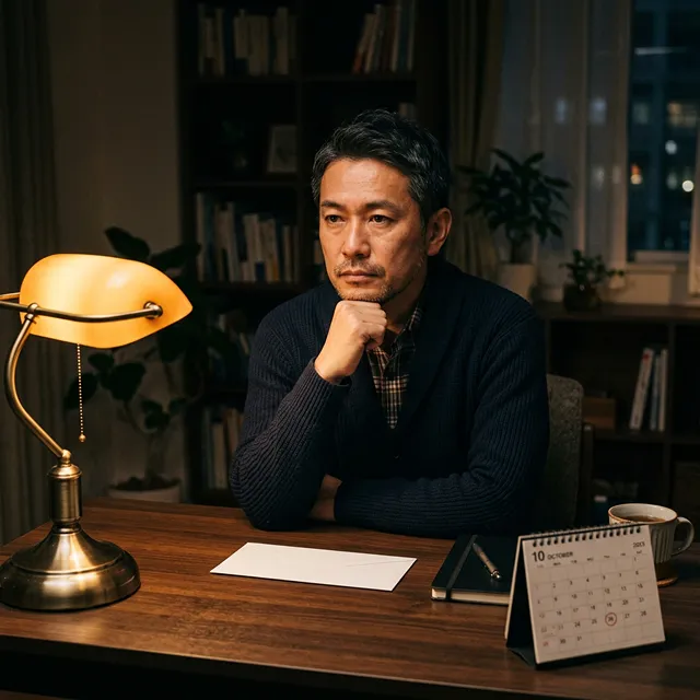 夜の書斎で考え込む40代日本人男性