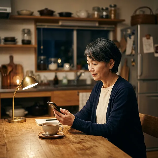夜、スマホで相続について調べている50代日本人女性