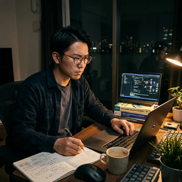 夜遅くにITスキルを学ぶ社会人のイメージ