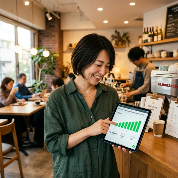 店舗経営者がタブレットで売上管理する様子