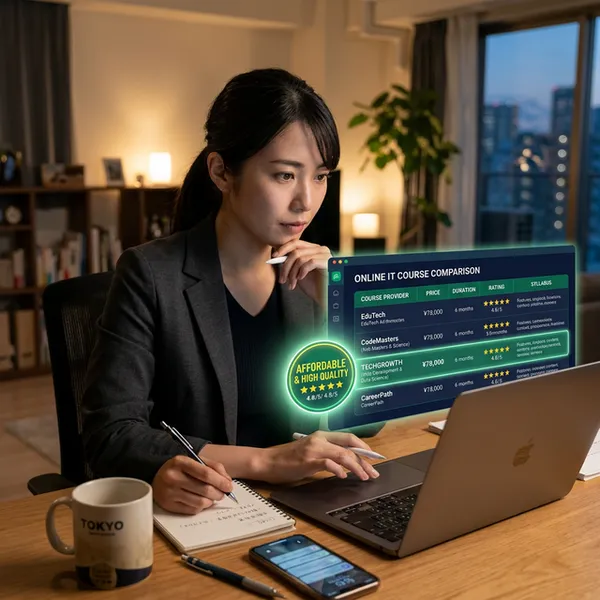 複数のオンラインIT講座を比較検討するイメージ