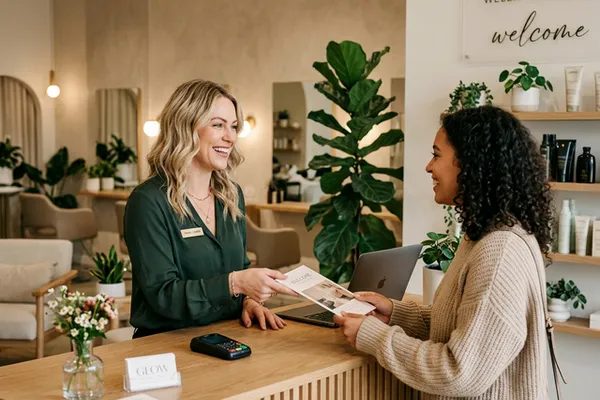 温かみあるサロンの受付で笑顔のオーナーとお客様